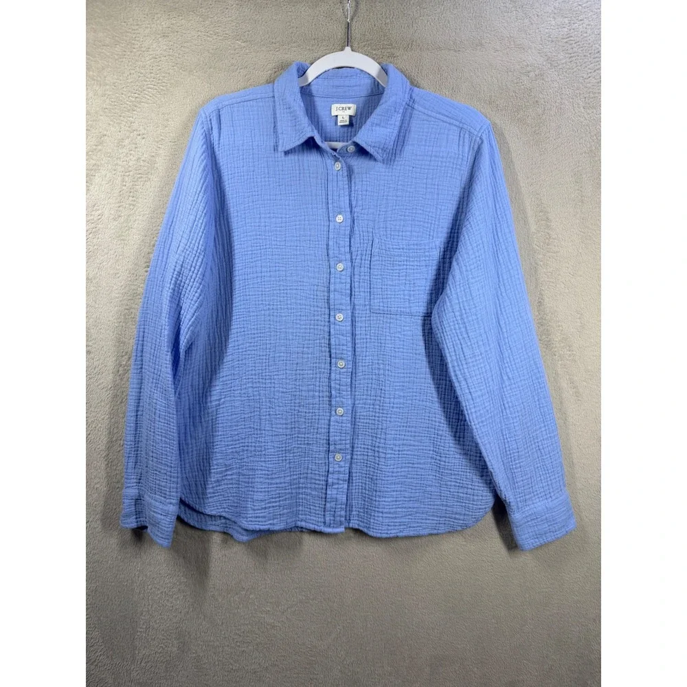 J.Crew Button Down Shirt Womens L Blue Double Gauze Cotton Long Sleeve Casual